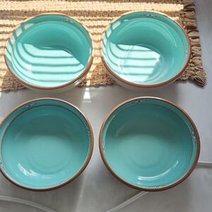 Noritake Stoneware BOULDER RIDGE Bowl in Aqua and Cream with Copper Rim Accent